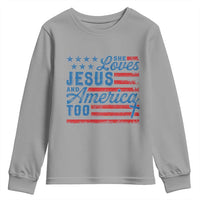 Funny She Loves Jesus And America Too Youth Sweatshirt 4th Of July Christian American Flag - Wonder Print Shop