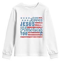 Funny She Loves Jesus And America Too Youth Sweatshirt 4th Of July Christian American Flag - Wonder Print Shop