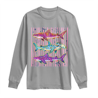 Shark Summer Striped Coastal Ocean Life Glitter Print Long Sleeve Shirt