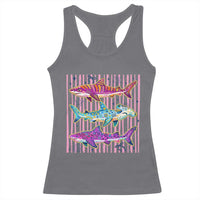 Shark Summer Striped Coastal Ocean Life Glitter Print Racerback Tank Top