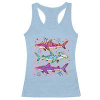 Shark Summer Striped Coastal Ocean Life Glitter Print Racerback Tank Top