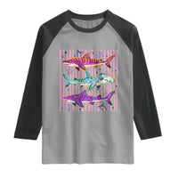 Shark Summer Striped Coastal Ocean Life Glitter Print Raglan Shirt