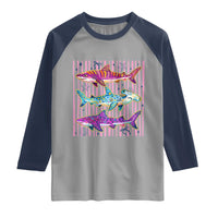Shark Summer Striped Coastal Ocean Life Glitter Print Raglan Shirt