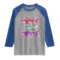 Shark Summer Striped Coastal Ocean Life Glitter Print Raglan Shirt