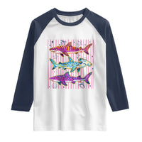 Shark Summer Striped Coastal Ocean Life Glitter Print Raglan Shirt