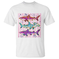 Shark Summer Striped Coastal Ocean Life Glitter Print T Shirt