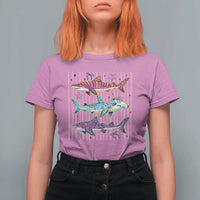 Shark Summer Striped Coastal Ocean Life Glitter Print T Shirt For Women
