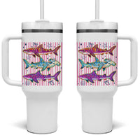 Shark Summer Striped Coastal Ocean Life Glitter Print Tumbler With Handle