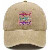 Shark Summer Striped Coastal Ocean Life Glitter Print Washed Cotton Baseball Cap