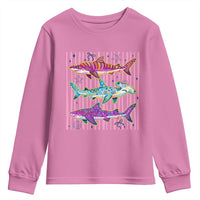 Shark Summer Striped Coastal Ocean Life Glitter Print Youth Sweatshirt