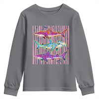Shark Summer Striped Coastal Ocean Life Glitter Print Youth Sweatshirt