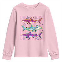 Shark Summer Striped Coastal Ocean Life Glitter Print Youth Sweatshirt
