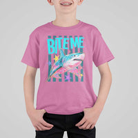 Funny Bite Me Shark Lover T Shirt For Kid Summer Beach Nautical Stripes Glitter Print