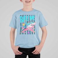 Funny Bite Me Shark Lover T Shirt For Kid Summer Beach Nautical Stripes Glitter Print