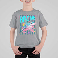 Funny Bite Me Shark Lover T Shirt For Kid Summer Beach Nautical Stripes Glitter Print