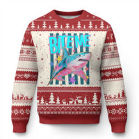 Funny Bite Me Shark Lover Ugly Christmas Sweater Summer Beach Nautical Stripes Glitter Print