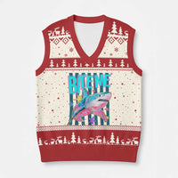 Funny Bite Me Shark Lover V-Neck Knit Sweater Vest Summer Beach Nautical Stripes Glitter Print