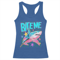 Funny Bite Me Shark Lover Racerback Tank Top Summer Beach Nautical Stripes Glitter Print