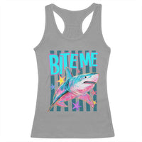 Funny Bite Me Shark Lover Racerback Tank Top Summer Beach Nautical Stripes Glitter Print