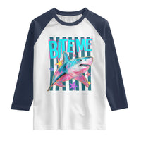 Funny Bite Me Shark Lover Raglan Shirt Summer Beach Nautical Stripes Glitter Print