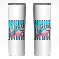 Funny Bite Me Shark Lover Skinny Tumbler Summer Beach Nautical Stripes Glitter Print