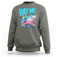 Funny Bite Me Shark Lover Sweatshirt Summer Beach Nautical Stripes Glitter Print