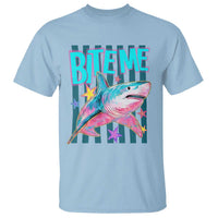 Funny Bite Me Shark Lover T Shirt Summer Beach Nautical Stripes Glitter Print