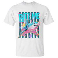 Funny Bite Me Shark Lover T Shirt Summer Beach Nautical Stripes Glitter Print