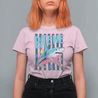 Funny Bite Me Shark Lover T Shirt For Women Summer Beach Nautical Stripes Glitter Print