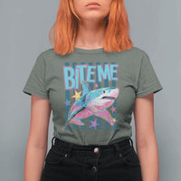 Funny Bite Me Shark Lover T Shirt For Women Summer Beach Nautical Stripes Glitter Print