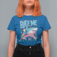 Funny Bite Me Shark Lover T Shirt For Women Summer Beach Nautical Stripes Glitter Print