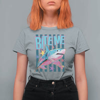 Funny Bite Me Shark Lover T Shirt For Women Summer Beach Nautical Stripes Glitter Print