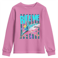 Funny Bite Me Shark Lover Youth Sweatshirt Summer Beach Nautical Stripes Glitter Print