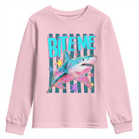 Funny Bite Me Shark Lover Youth Sweatshirt Summer Beach Nautical Stripes Glitter Print
