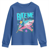Funny Bite Me Shark Lover Youth Sweatshirt Summer Beach Nautical Stripes Glitter Print