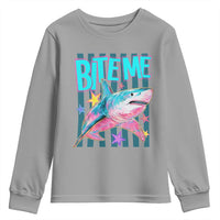 Funny Bite Me Shark Lover Youth Sweatshirt Summer Beach Nautical Stripes Glitter Print