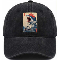 Megalodon Shark Japanese Vintage Graphic Ukiyo e Art Washed Cotton Baseball Cap