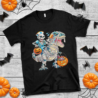 Funny Halloween Nurse T Shirt Skeleton Nurse Riding Mummy Dinosaur Pumpkin Candy - Wonder Print Shop