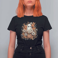 Halloween Ghost T Shirt For Women Vintage Floral Pumpkin Glitter Print - Wonder Print Shop