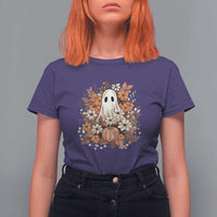 Halloween Ghost T Shirt For Women Vintage Floral Pumpkin Glitter Print - Wonder Print Shop