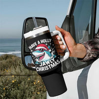 Funny Xmas Shark Tumbler With Handle Have A Holly Jawly Christmas Santa Hat - Wonder Print Shop