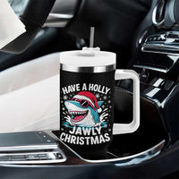 Funny Xmas Shark Tumbler With Handle Have A Holly Jawly Christmas Santa Hat - Wonder Print Shop