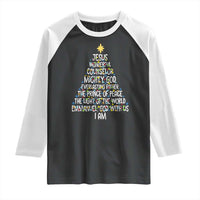 Christian Christmas Raglan Shirt Jesus Wonderful Counselor Mighty God Xmas Tree - Wonder Print Shop