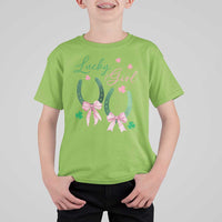 Funny St Patrick's Day Coquette T Shirt For Kid Lucky Girl Horseshoe Pink Bow