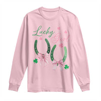 Funny St Patrick's Day Coquette Long Sleeve Shirt Lucky Girl Horseshoe Pink Bow