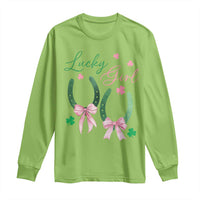 Funny St Patrick's Day Coquette Long Sleeve Shirt Lucky Girl Horseshoe Pink Bow