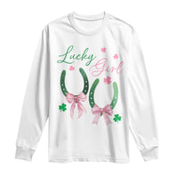 Funny St Patrick's Day Coquette Long Sleeve Shirt Lucky Girl Horseshoe Pink Bow