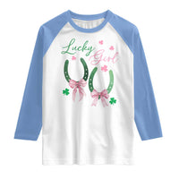 Funny St Patrick's Day Coquette Raglan Shirt Lucky Girl Horseshoe Pink Bow