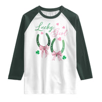 Funny St Patrick's Day Coquette Raglan Shirt Lucky Girl Horseshoe Pink Bow
