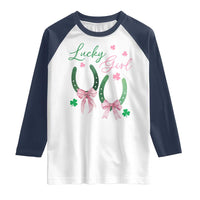 Funny St Patrick's Day Coquette Raglan Shirt Lucky Girl Horseshoe Pink Bow